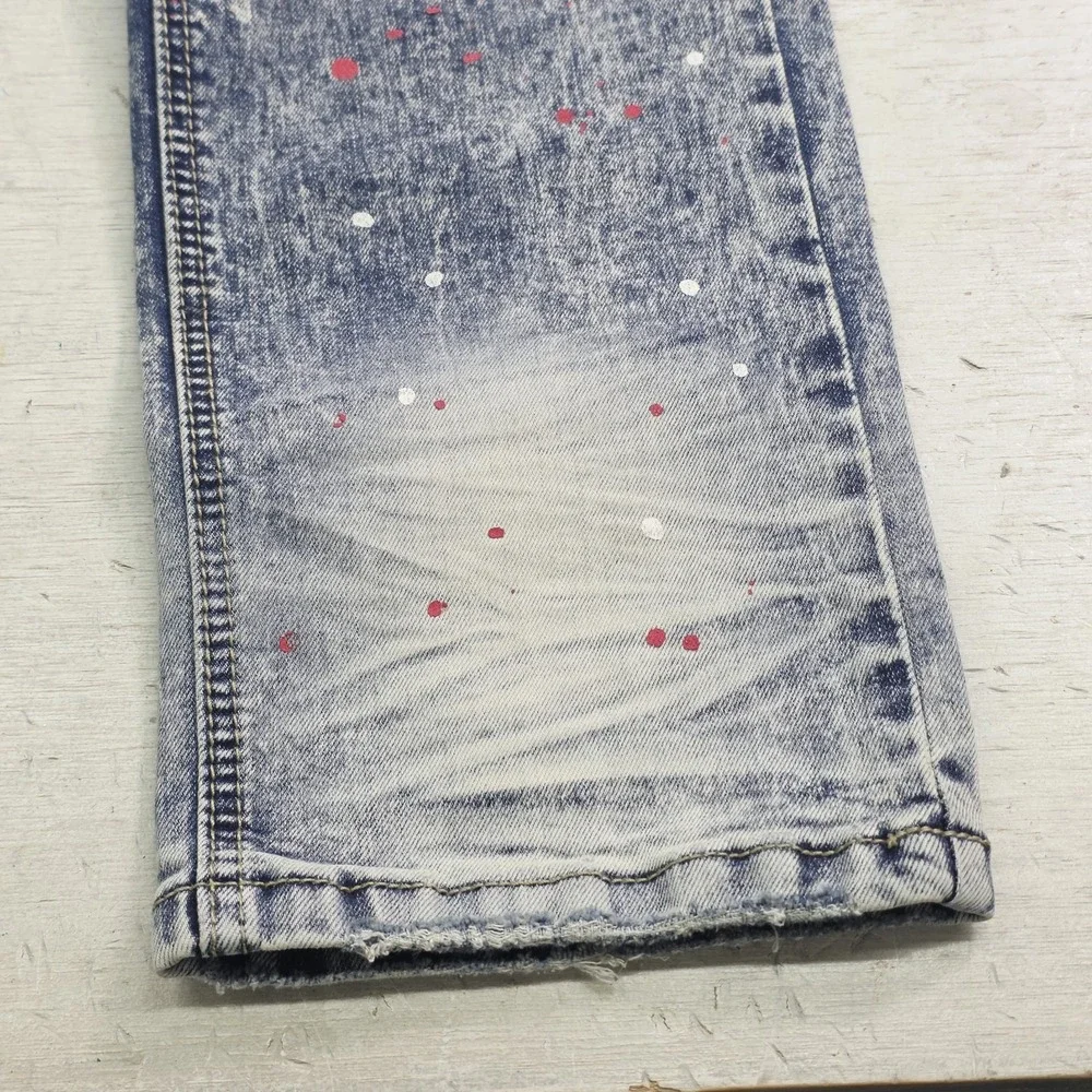 Makobi Biker Jeans Men's Size 36x32 Acid Wash Distressed Paint Splatter Moto